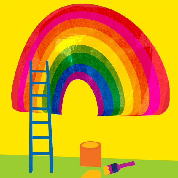 Rainbow mural on wall with paintbrush below. 