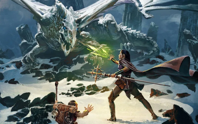 A woman wearing fantasy clothes and holding a staff throws green magic at a huge white dragon in the distance.