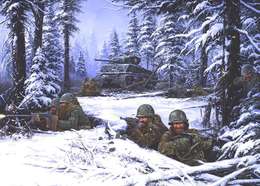 painting of soldiers and a tank in the snow