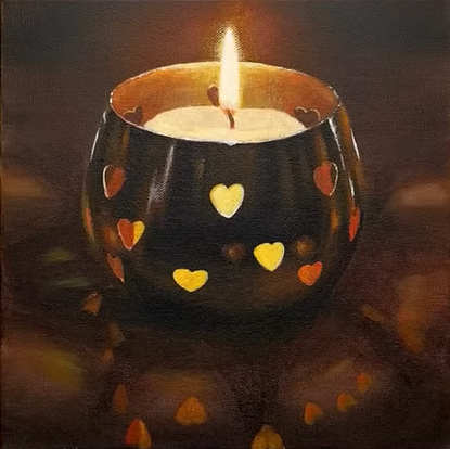 painting of a candle in a holder decorated with hearts