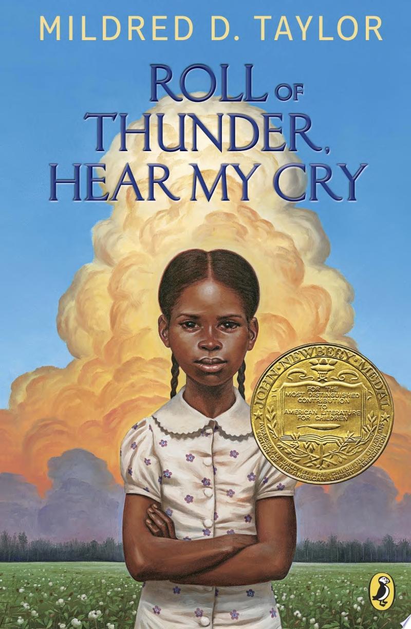 Image for "Roll of Thunder, Hear My Cry"-an illustration of an African American girl holding a book to her chest in front of a wide sky landscape