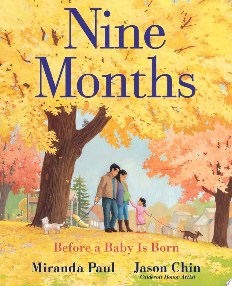 Image for "Nine Months" - a family stands together under autumn leaves.