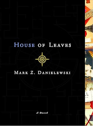 Cover of "house of leaves" a black background with a small compass rose in the center. The text is white.