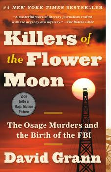 Cover of the book "Killers of the Flower Moon," a setting sun against a red sky with an oil derrick in the foreground