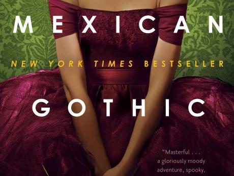 The title "Mexican Gothic" with a woman in a red dress holding flowers