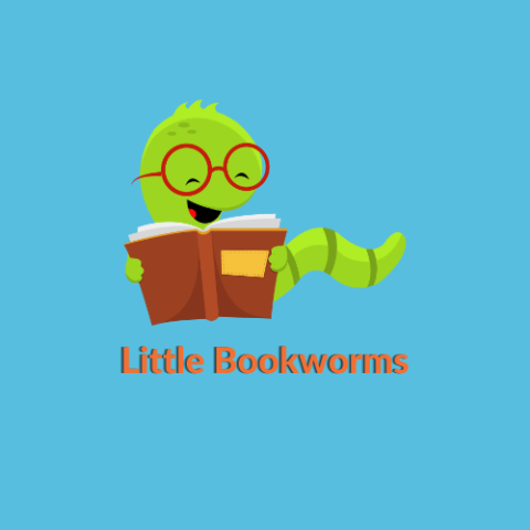 Green bookworm reading and smiling