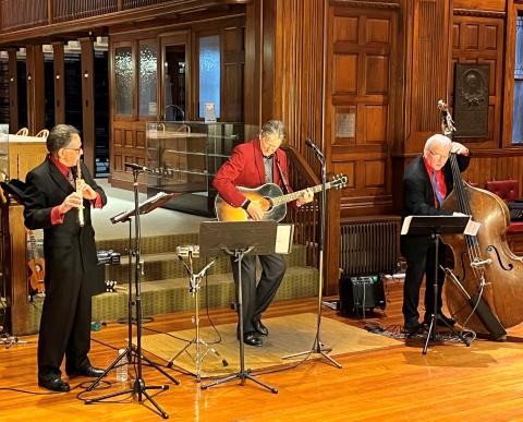 Band trio playing instruments