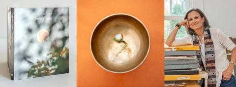 Three-part image of book at left, photo of a bowl with sprouting seed in middle, and artist at right. 