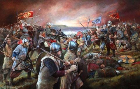 painting depicting two armies fighting