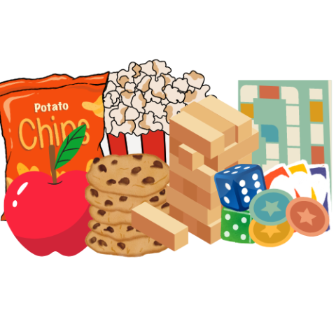 Assortment of snack and game pieces 