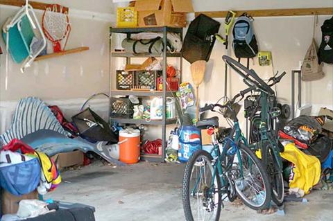 messy garage with bikes