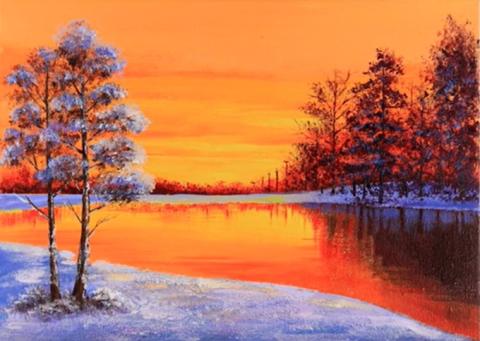 bright sunset over snowy lake painting