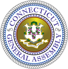 Seal of the State of Connecticut featuring a crest with three sets of purple and green garlanded flowers