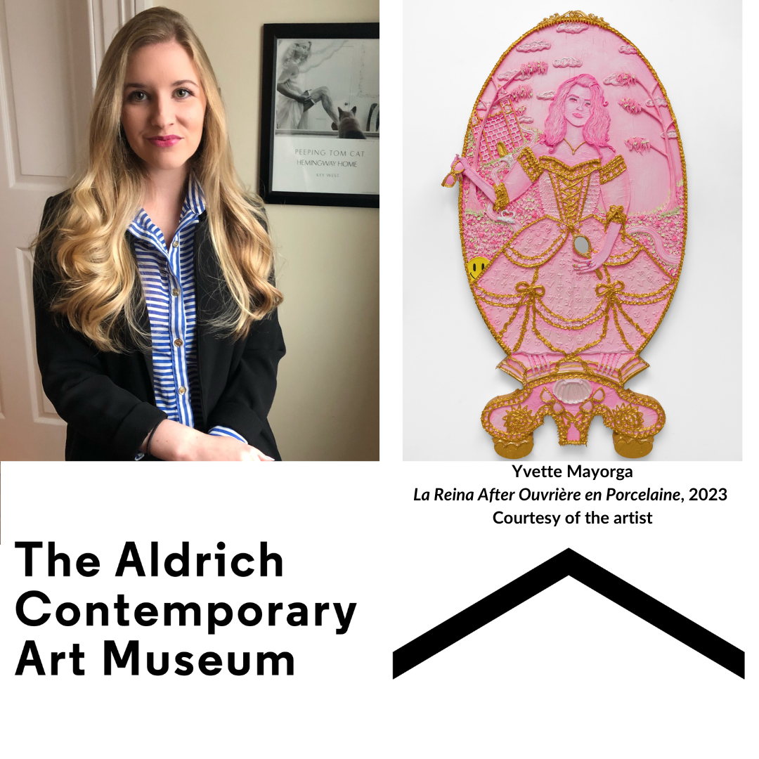 Headshot, artwork and logo of aldrich museum