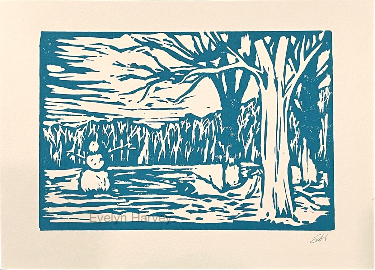 Blue winter scape block print 