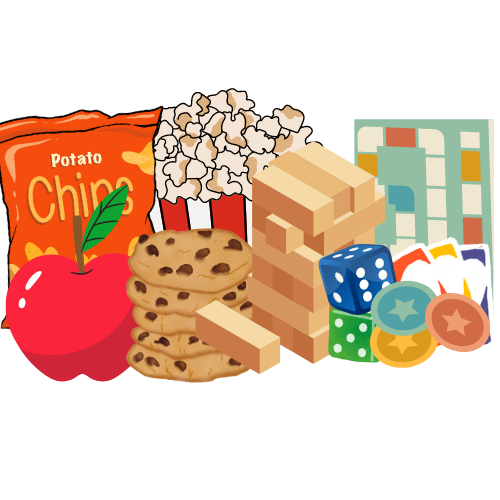 Assortment of snack and game pieces 