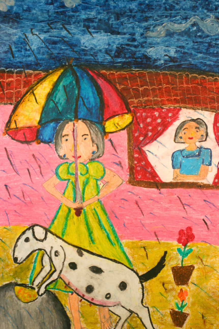 Drawing of girl under an umbrella walking a dog with woman watching her from window